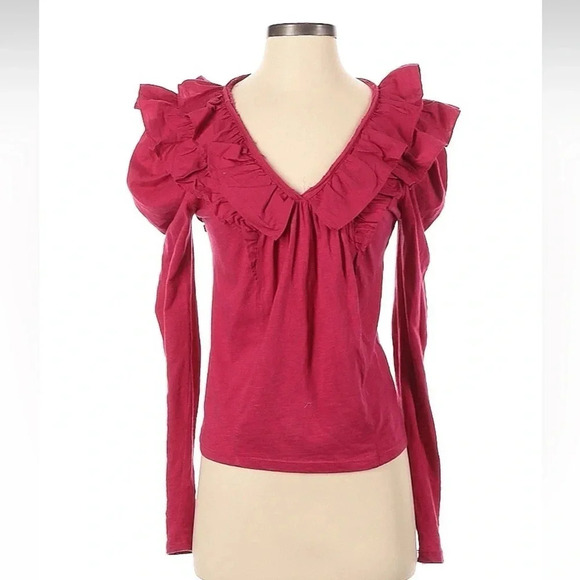 Anthropologie Dark Pink Ruffled V-Neck Top Long Sleeve Size XXS - Picture 2 of 5